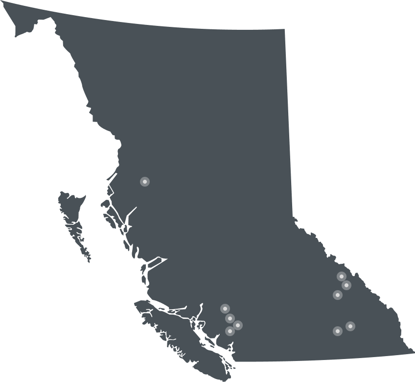 The map of backcountry ski huts in BC.