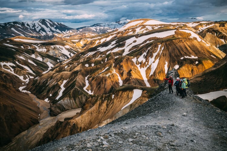 The landscape of Landmannalaugar Valley features volcanic ground and rhyolite mountains.