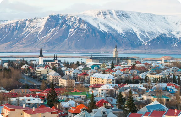 Reykjavik, the capital of Iceland, and Mount Esja dominating the city from above.