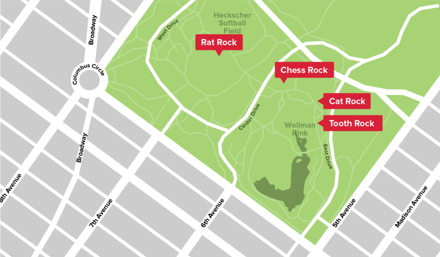 A map showing the best bouldering spots in Central Park.