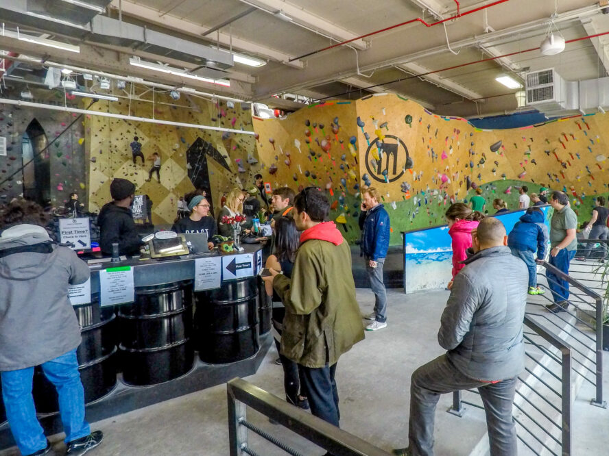 The front desk at Brooklyn Boulders rock climbing gym, Gowanus