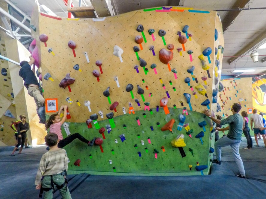 A bouldering wall at Brooklyn Boulders rock climbing gym, Gowanus