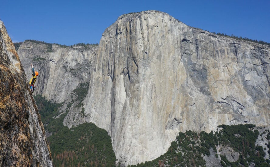 Perica leading the crux pitch at East Buttress, with a nice view of El Cap in the back