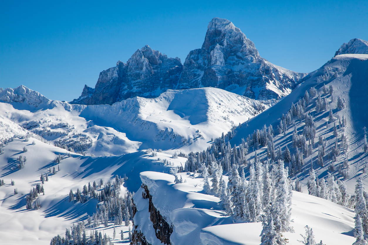 Famous peaks in the Grand Teton National Park during winter.