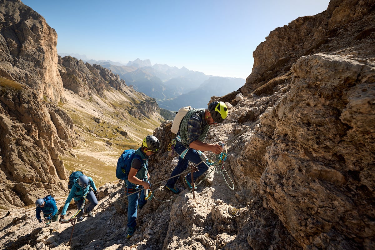 Climbing via ferrata in the Dolomites