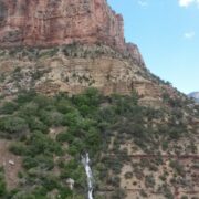 Roaring Springs Waterfall visible from the North Kaibab Trail.