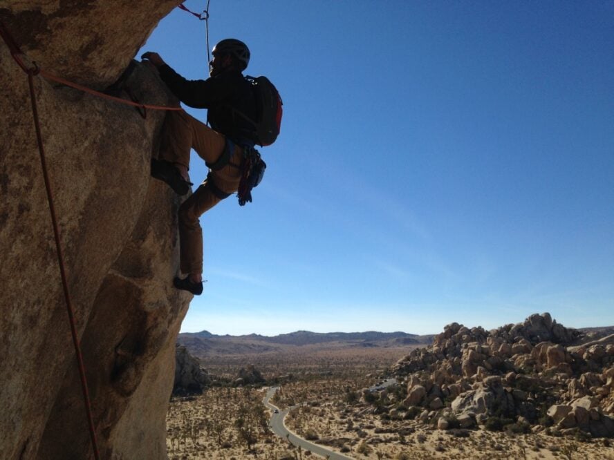 Lead climbing in Joshua Tree