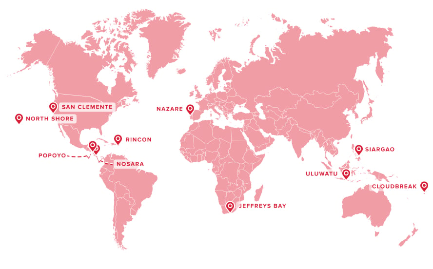 A map showing the top 10 surf locations in the world