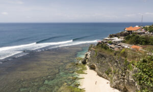 Mid-tide at Uluwatu reef, Bali’s famous surfing mecca.