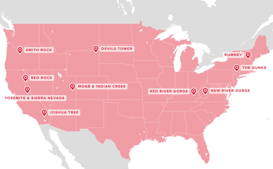 Map showing the best 12 climbing spots in the USA