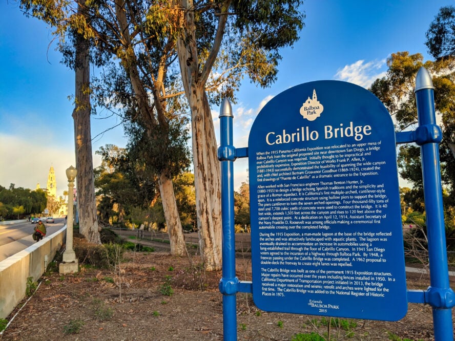 The sign for the 450-foot long Cabrillo Bridge.