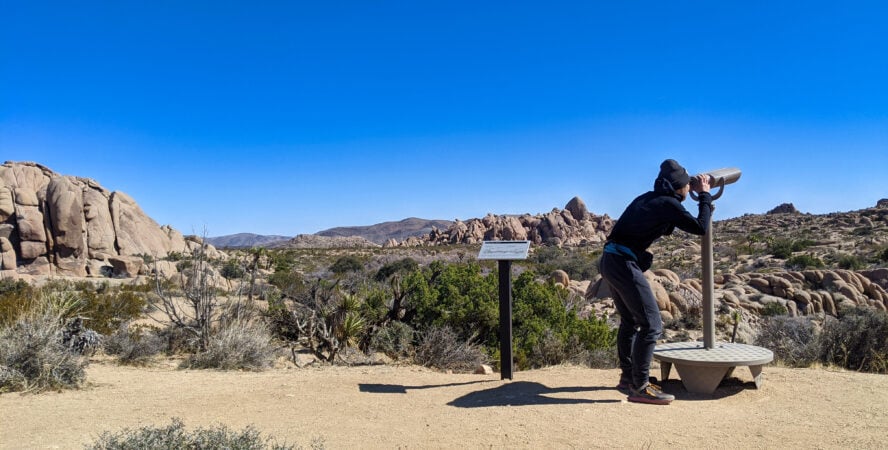 he telescope halfway through the Discovery Trail allows you to look out at prominent peaks, boulders, and sites throughout the Park.