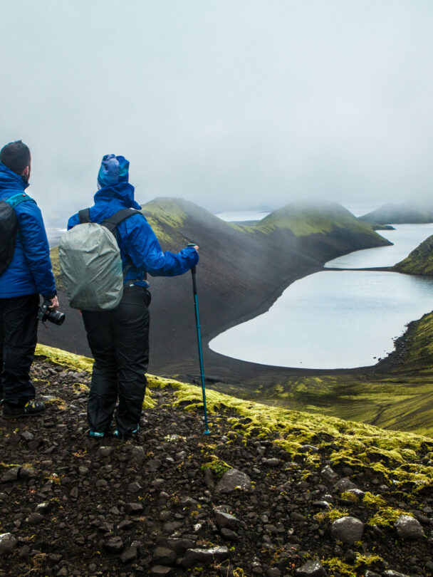Group admiring the breathtaking scenery of a crater in Rauðibötn