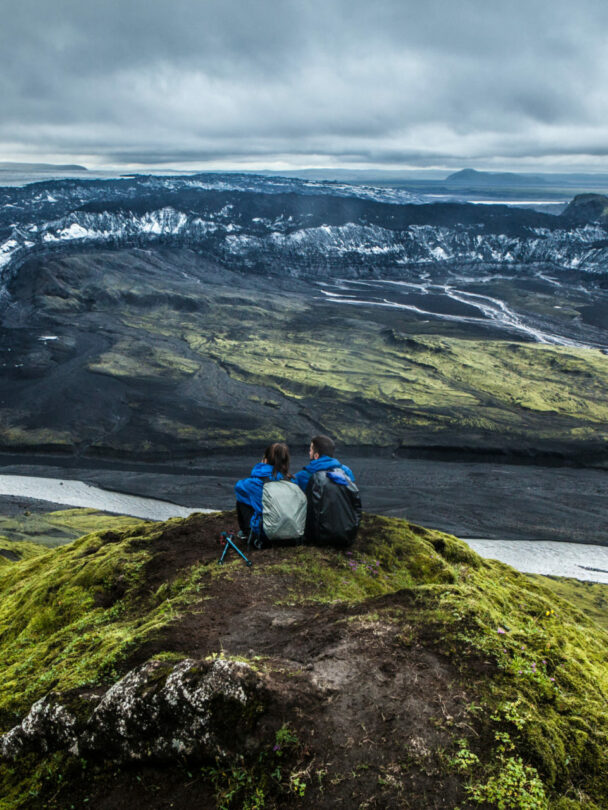 Group admiring the breathtaking scenery of a crater in Rauðibötn