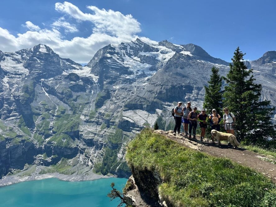 Hikers above lake Swiss