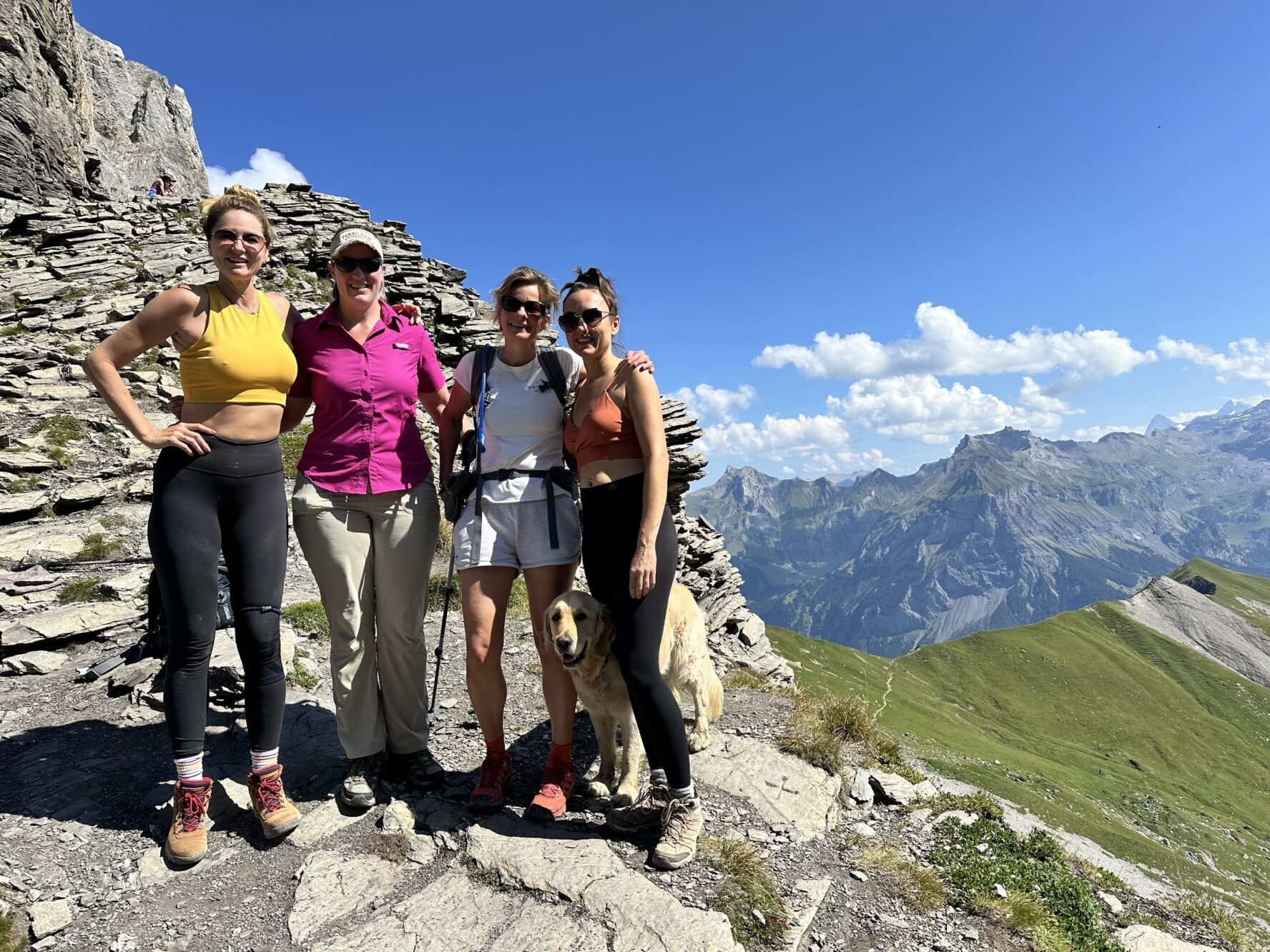 Hikers and a dog in the Swiss Alps