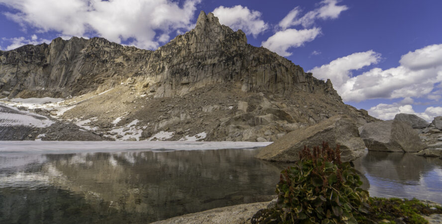 Glacier lake and Donkey ear mountain on a cloudy day in Bugaboos provincial park, BC, Canada