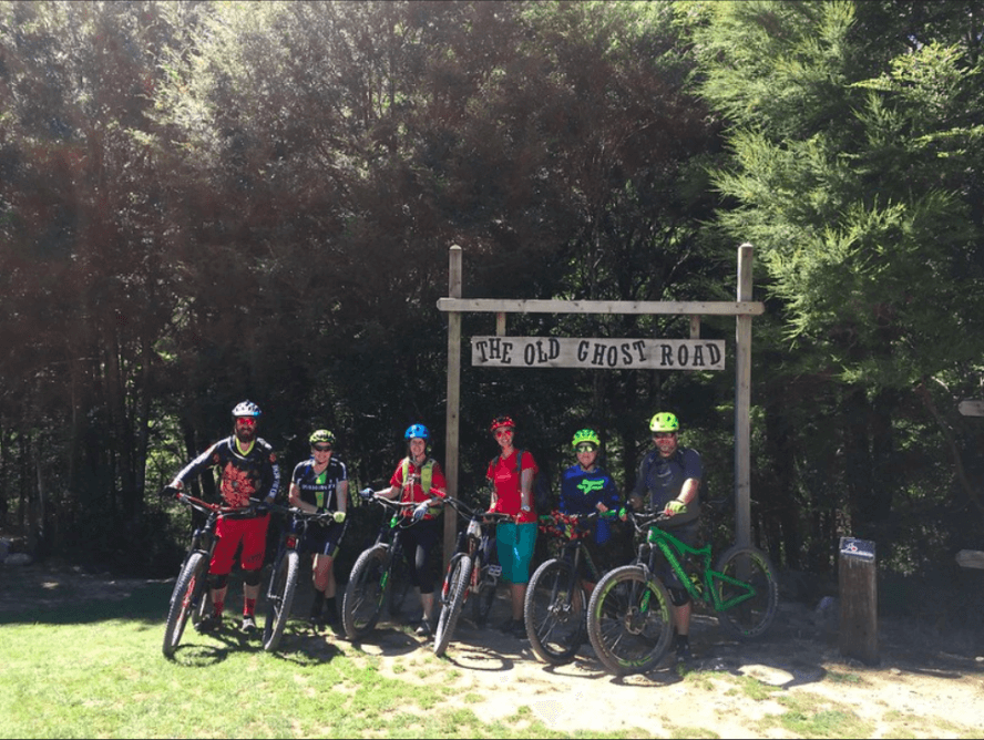 A group of riders prepares to take on the off grid trail, Old Ghost Road.