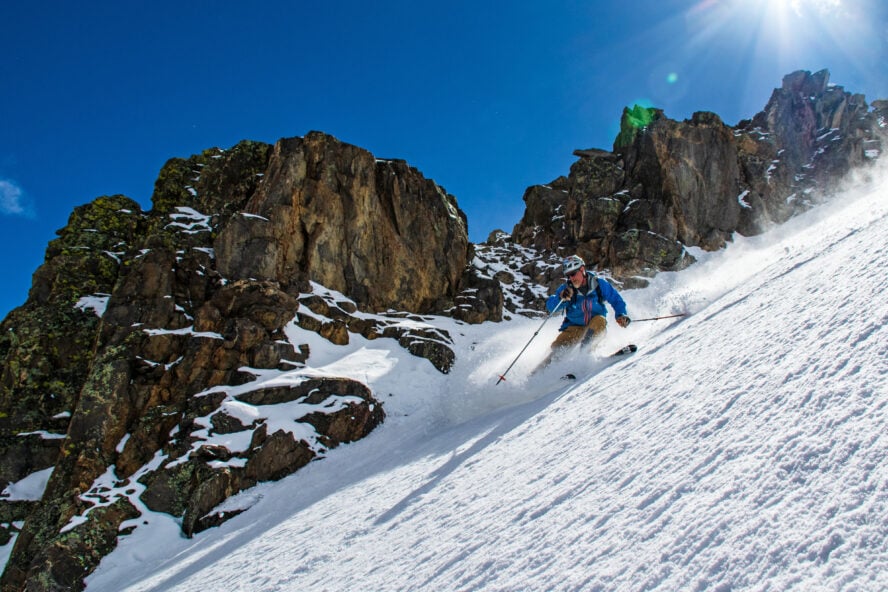 Fritz Sperry skiing "Jack the Ripper Couloir," on London Mountain