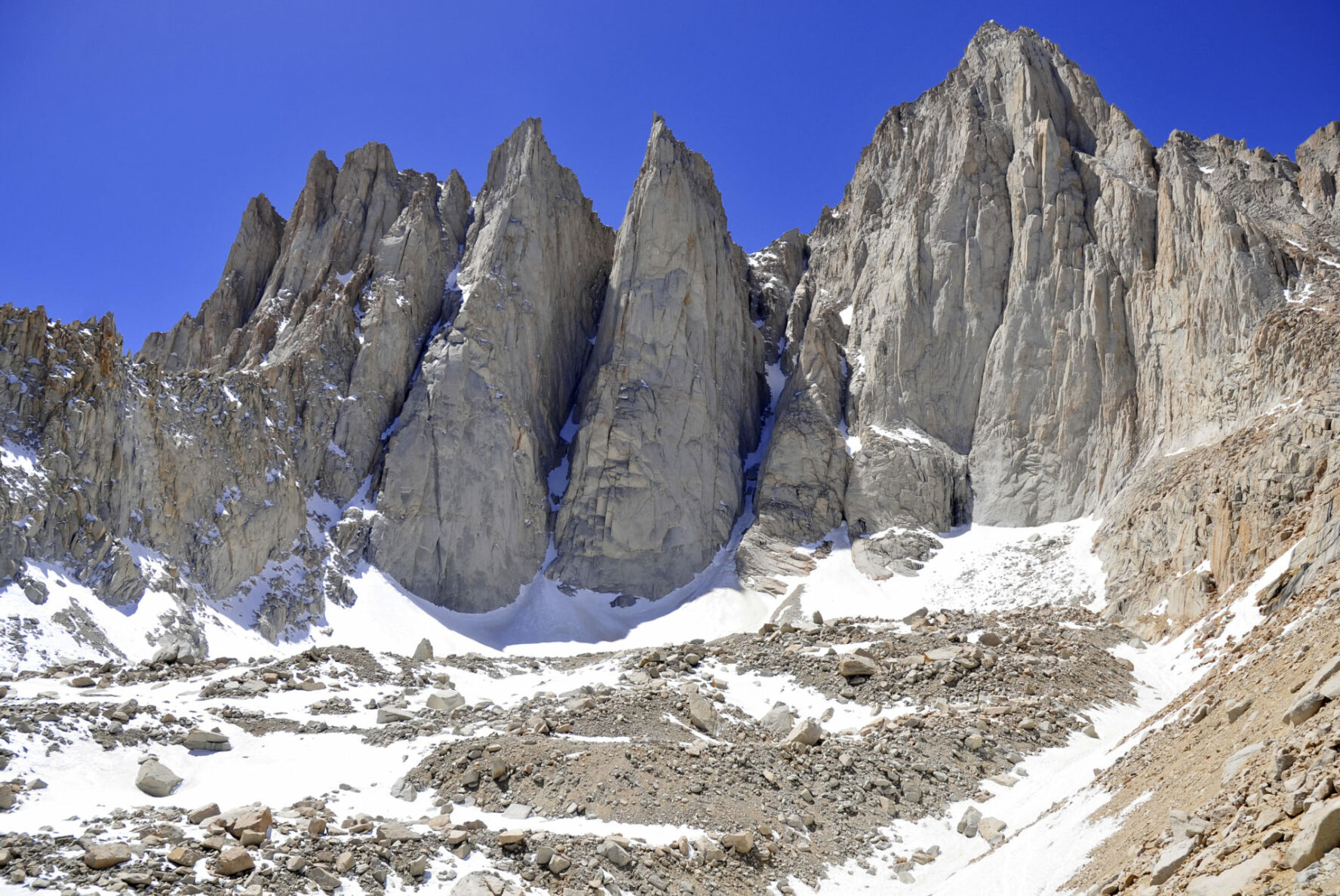 High granite spires of Mt Whitney in High Sierra are perfect for rock climbing because of many cracks.