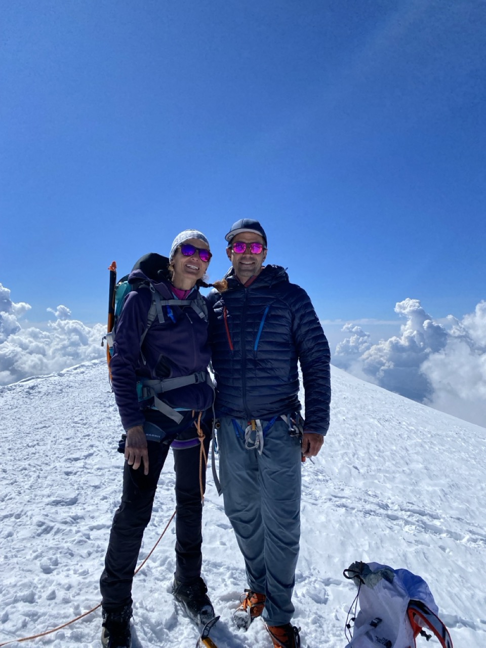 Two happy climbers at the summit, Mont Blanc