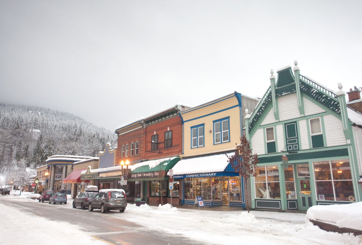 View of a charming snow-covered street in Revelstoke, British Columbia. 