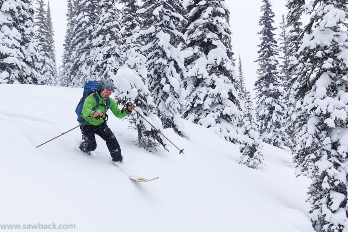 A backcountry adventurer tree skiing in the off-piste areas near Revelstoke and Golden. 