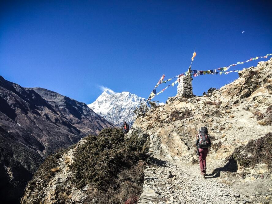 Woman hiking to Yak Kharka in Nepal