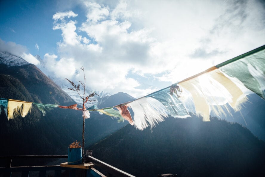 Old Prayer flags in Upper Pisang village.