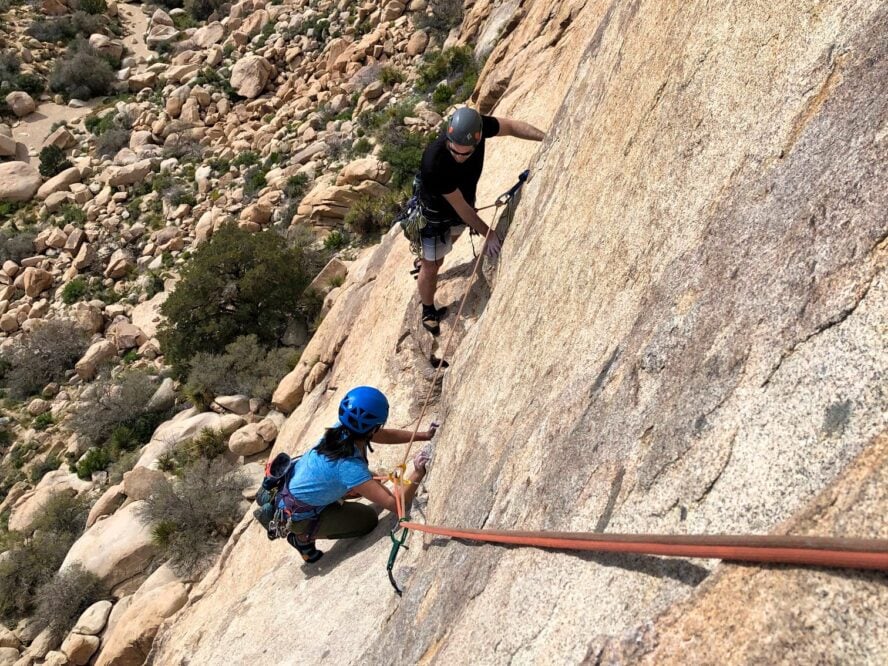 Climbers “mock” leading on toprope to get comfortable with placing gear and eventually, to leading their first climbs