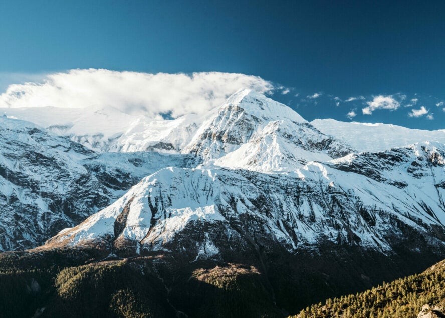 View of the snow-covered Annapurna range in Nepal