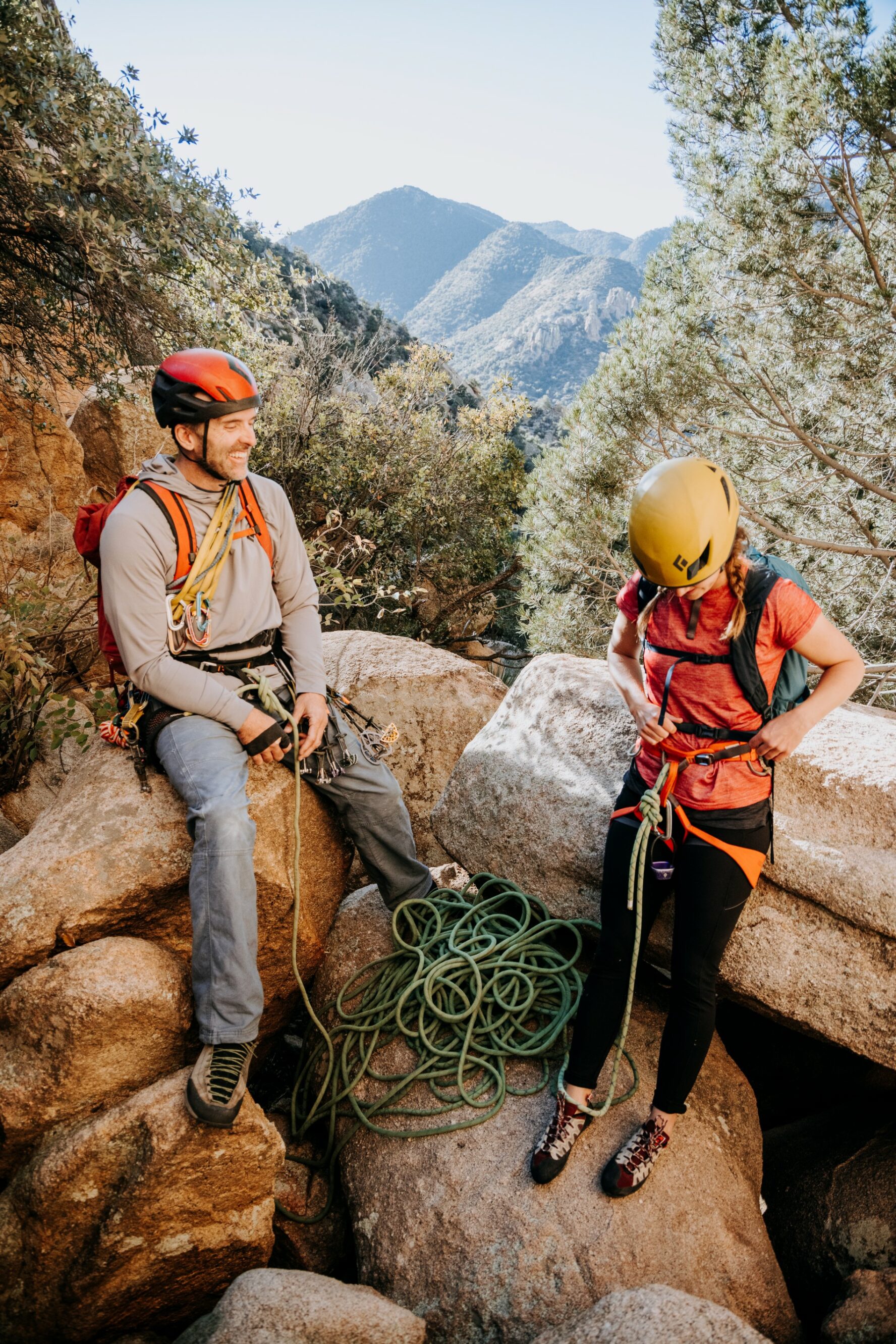Two people getting ready for climbing Cochise Stronghold