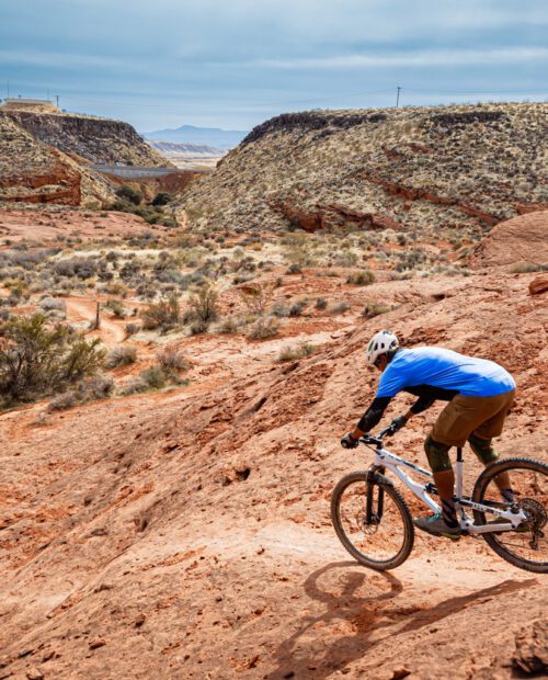 Coming off the mesa on Church Loop, mountain bike ride in Hurricane, Utah.