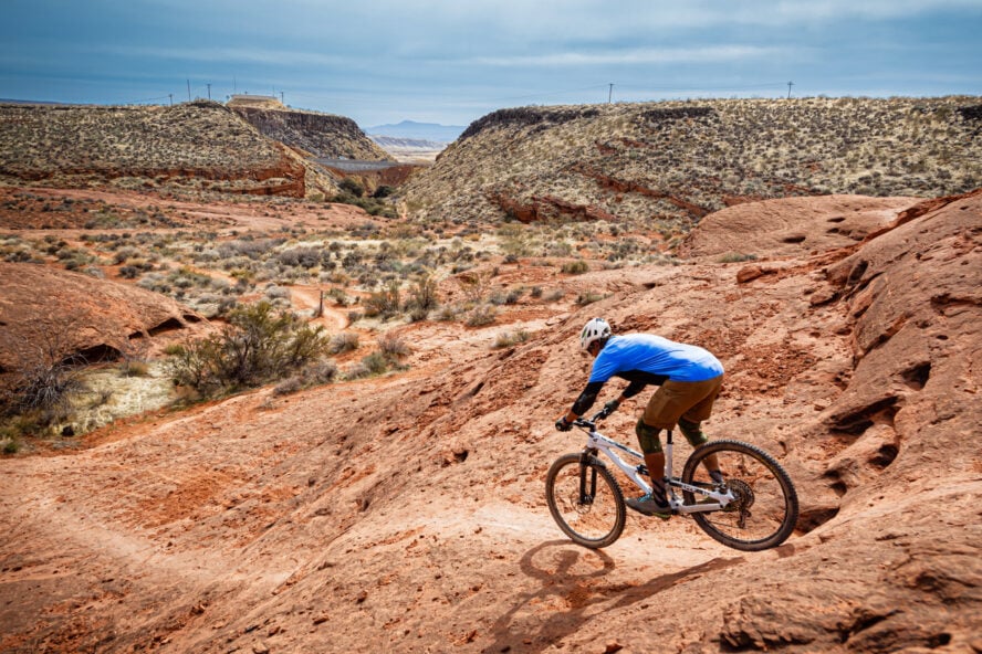 Coming off the mesa on Church Loop, mountain bike ride in Hurricane, Utah.