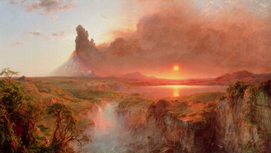 1862 oil painting by F. E. Church depicting Cotopaxi eruption across a flaming sunrise.