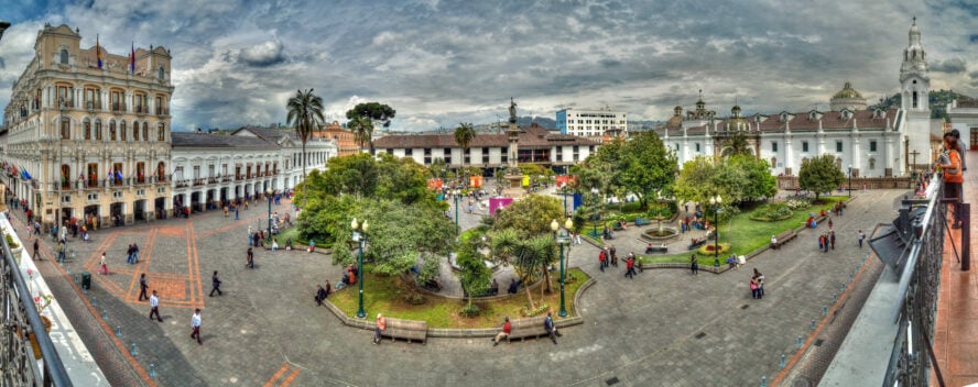 Quito’s Independence Square, where the presidential palace and Cathedral of Quito are located.