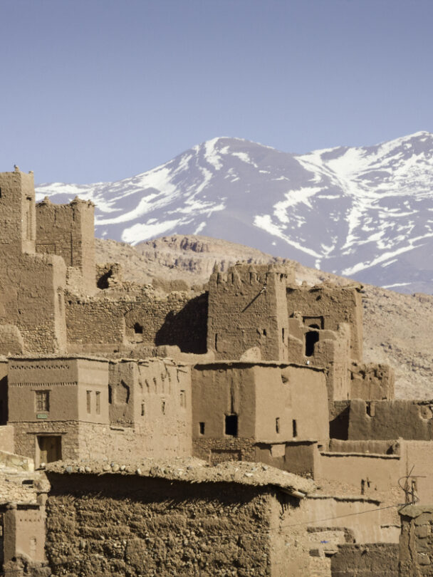 Toubkal national park in springtime with mount, cover by snow and ice, Refuge Toubkal, start point for hike to Jebel Toubkal, – highest peak of Atlas mountains and Morocco