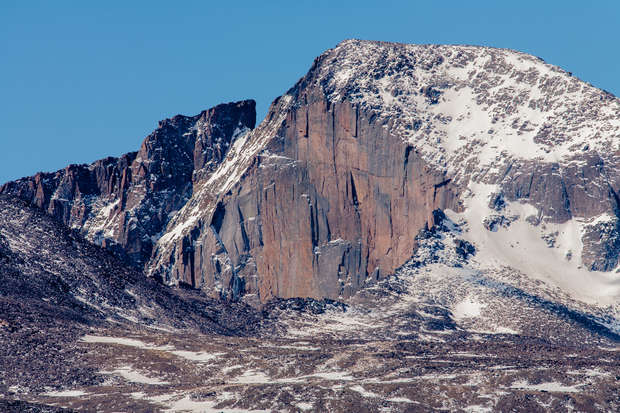 Early June snow-capped Longs Peak in Rocky Mountain National Park, Colorado
