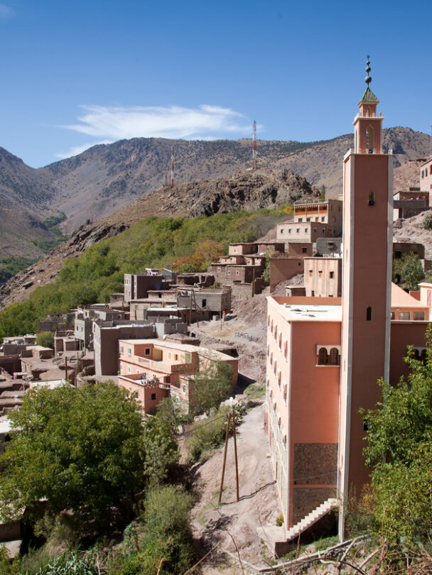 Toubkal national park in springtime with mount, cover by snow and ice, Refuge Toubkal, start point for hike to Jebel Toubkal, – highest peak of Atlas mountains and Morocco