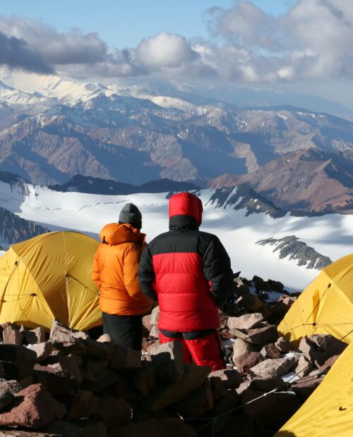 Alpine climbers acclimating at camp two of Aconcagua