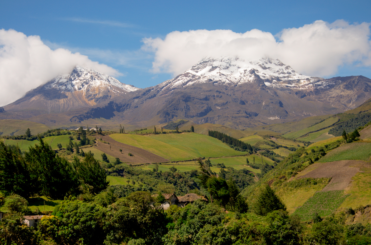 Vies of Iliniza Sur and Iliniza Norte and the surrounding landscapes in Ecuador’s Avenue of Volcanoes.