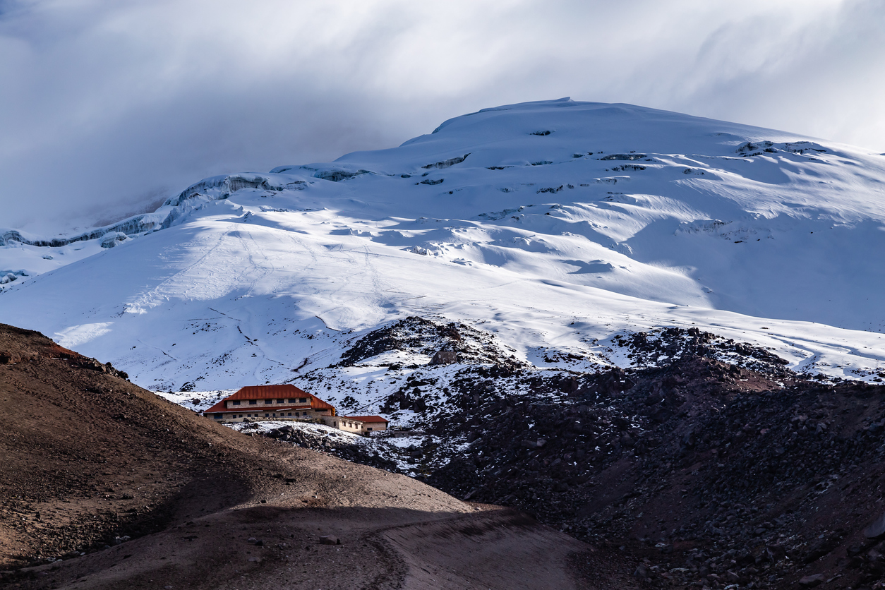 Jose Rivas Refugio, situated below the Cotopaxi Glacier, lodging during the Cotopaxi alpine climbing adventure.
