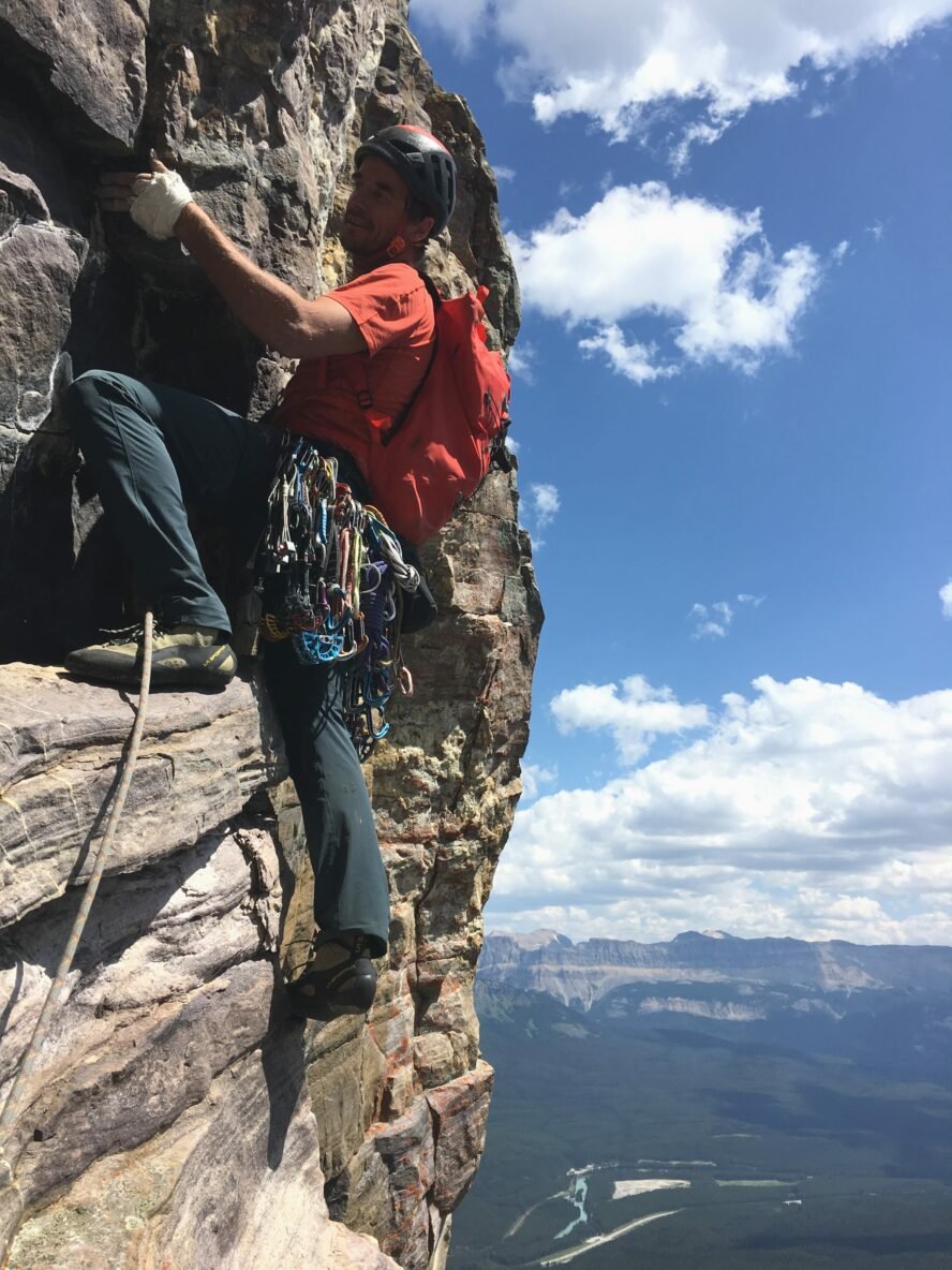 I am lucky to have climbed on all types of rock over the years, which gave me a leg up on some of the training routes. This fantastic quartzite above Lake Louise was a prime example of the rock variety a guide will encounter. Photo courtesy of Greg Hill