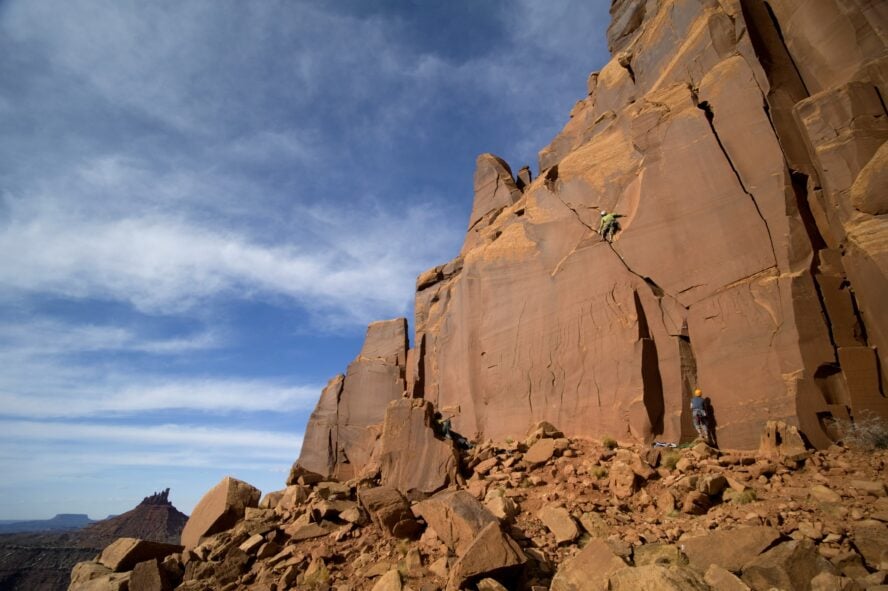 The Diagonal Route on South Six Shooter tower in Indian Creek, with North Six Shooter visible in the background. This area is part of what is now the northern Indian Creek Unit which is currently in limbo.