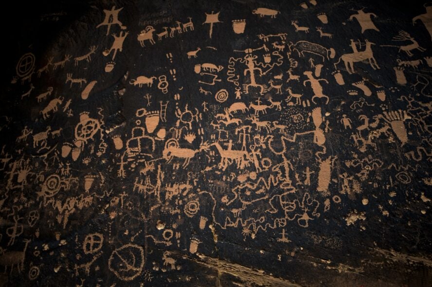 Newspaper rock, full of petroglyphs, is just over 50 miles south of Moab close to the entrance of Indian Creek. The rock has been added to by Natives for over 2,000 years.