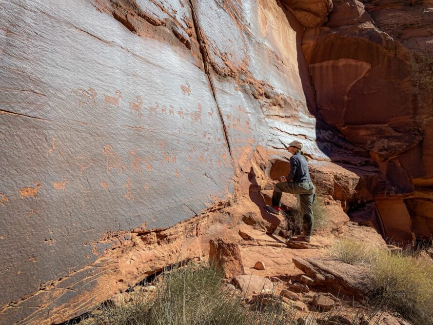 You’ll find well-preserved Native American petroglyphs and symbols carved into stone, including many images of bighorn sheep.