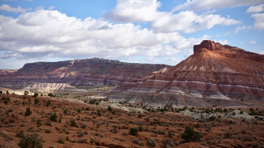 The Vermilion Cliffs are one of the “steps” of the five-step Grand Staircase of the Colorado Plateau that runs from Bryce Canyon National Park and into the Grand Canyon National Park. At the margins of the Vermilion Cliffs you can find the intensely colored Chinle Formation, sedimentary rock that is composed of red iron oxide, bluish manganese, and other minerals. Photo courtesy of AWExpeditions