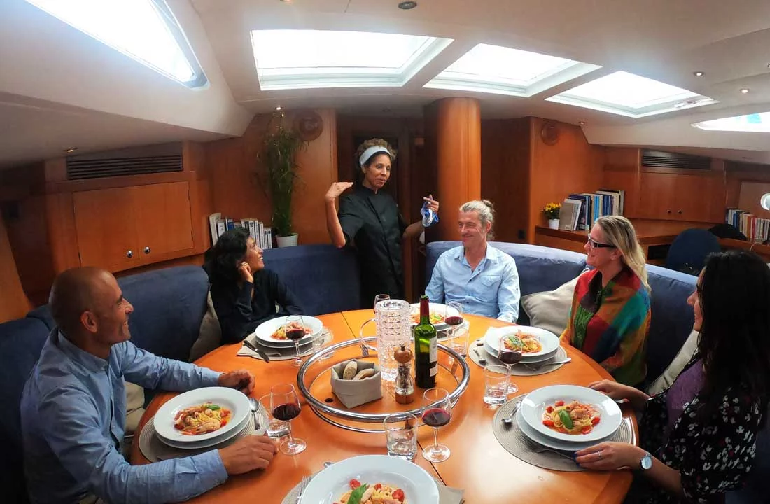 Dining space on a sailboat in Svalbard