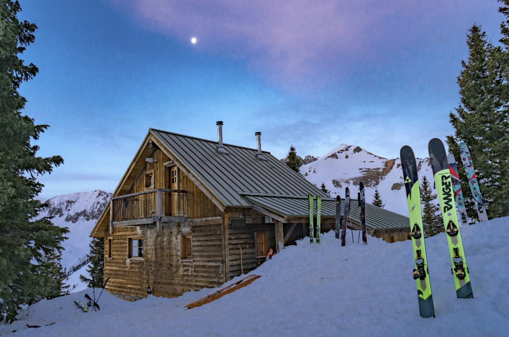 One of the huts in BC and skis stuck in snow