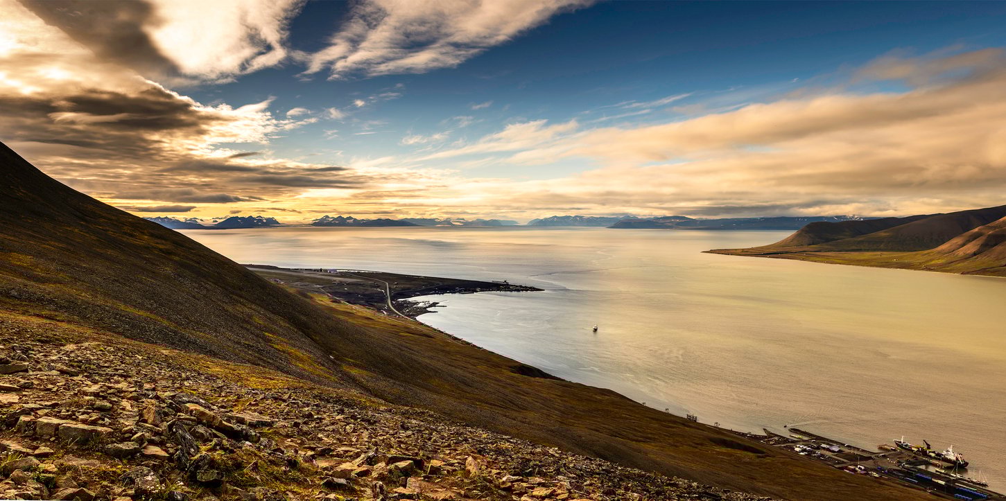 Arctic landscape in Spitzbergen -Svalbard. View across the Isfjord to the mountains on the other side of the Fjord.